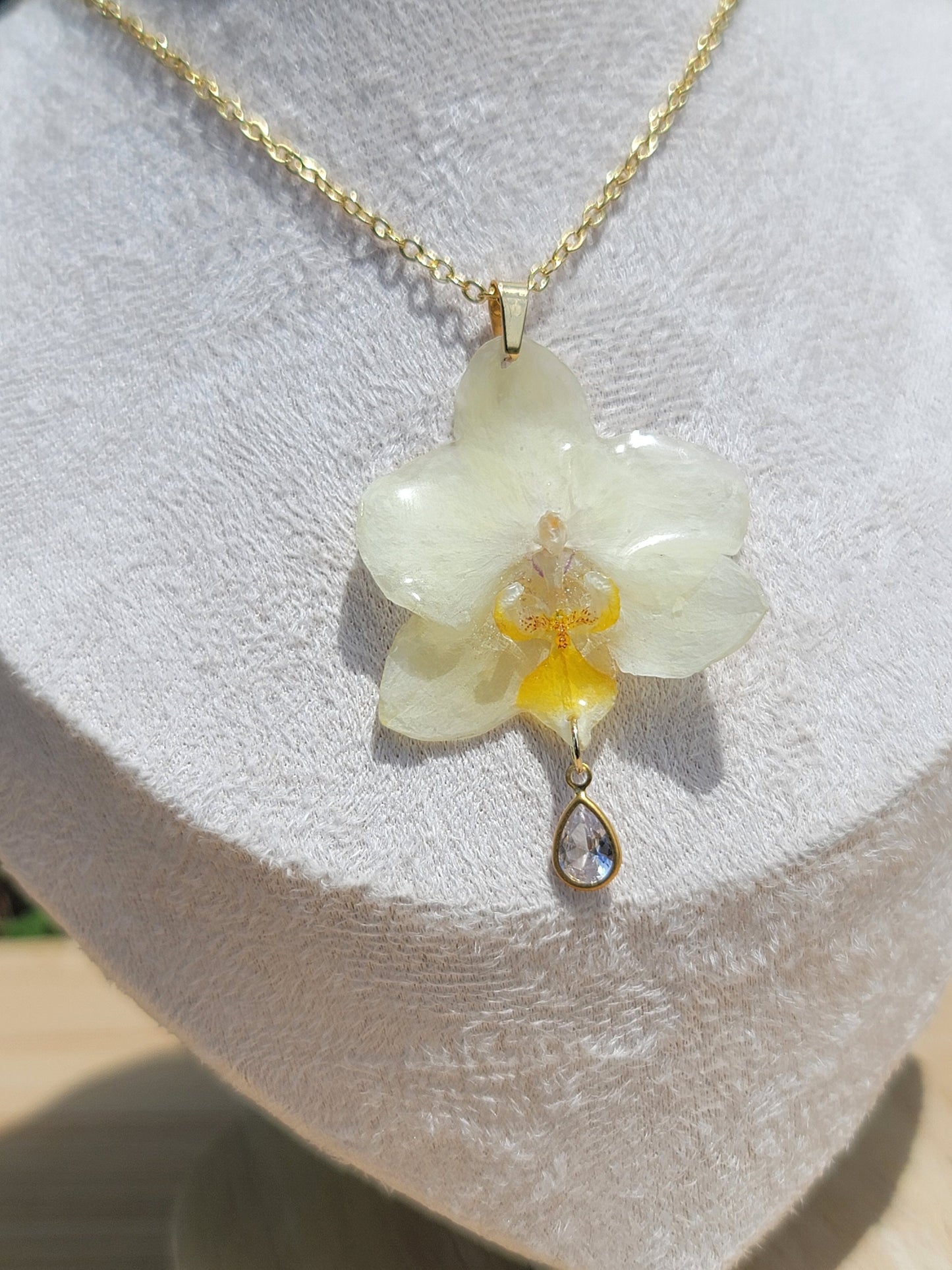 Real Preserved Pale Yellow Mini Orchid 18k Gold Plated Necklace