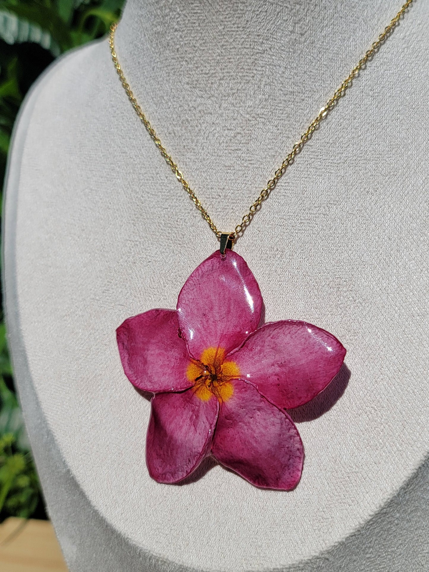 Dark Pink and Yellow Center Real Plumeria Flower Necklace