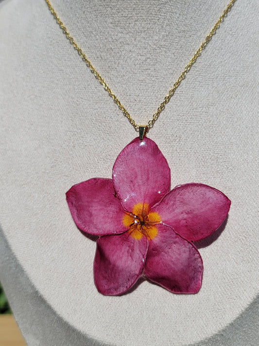 Dark Pink and Yellow Center Real Plumeria Flower Necklace