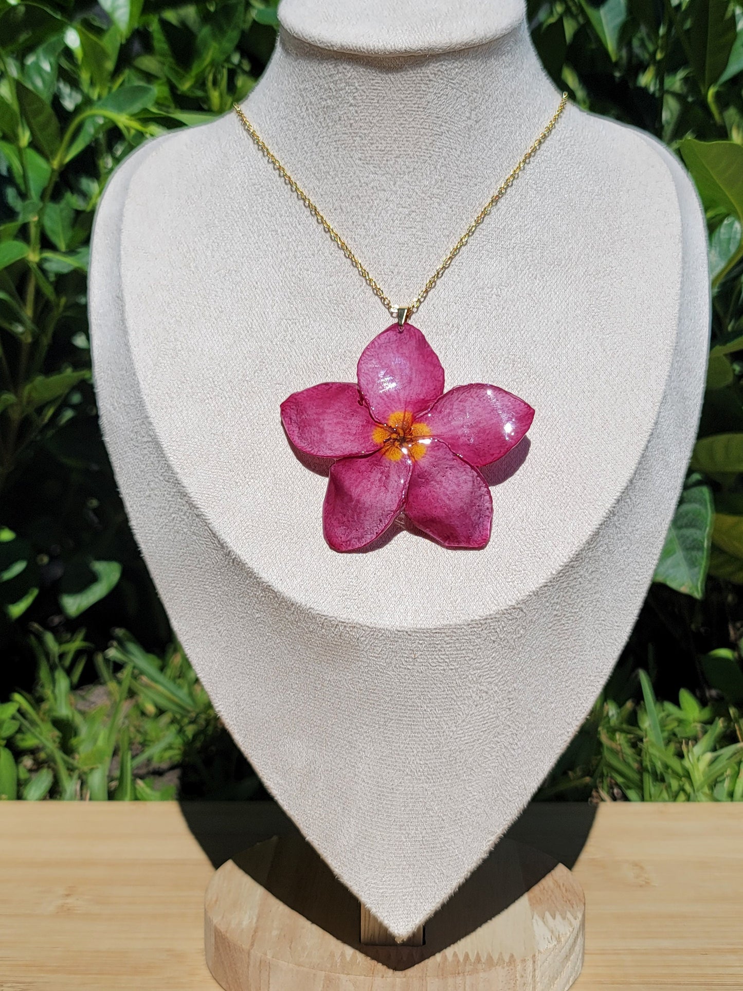Dark Pink and Yellow Center Real Plumeria Flower Necklace