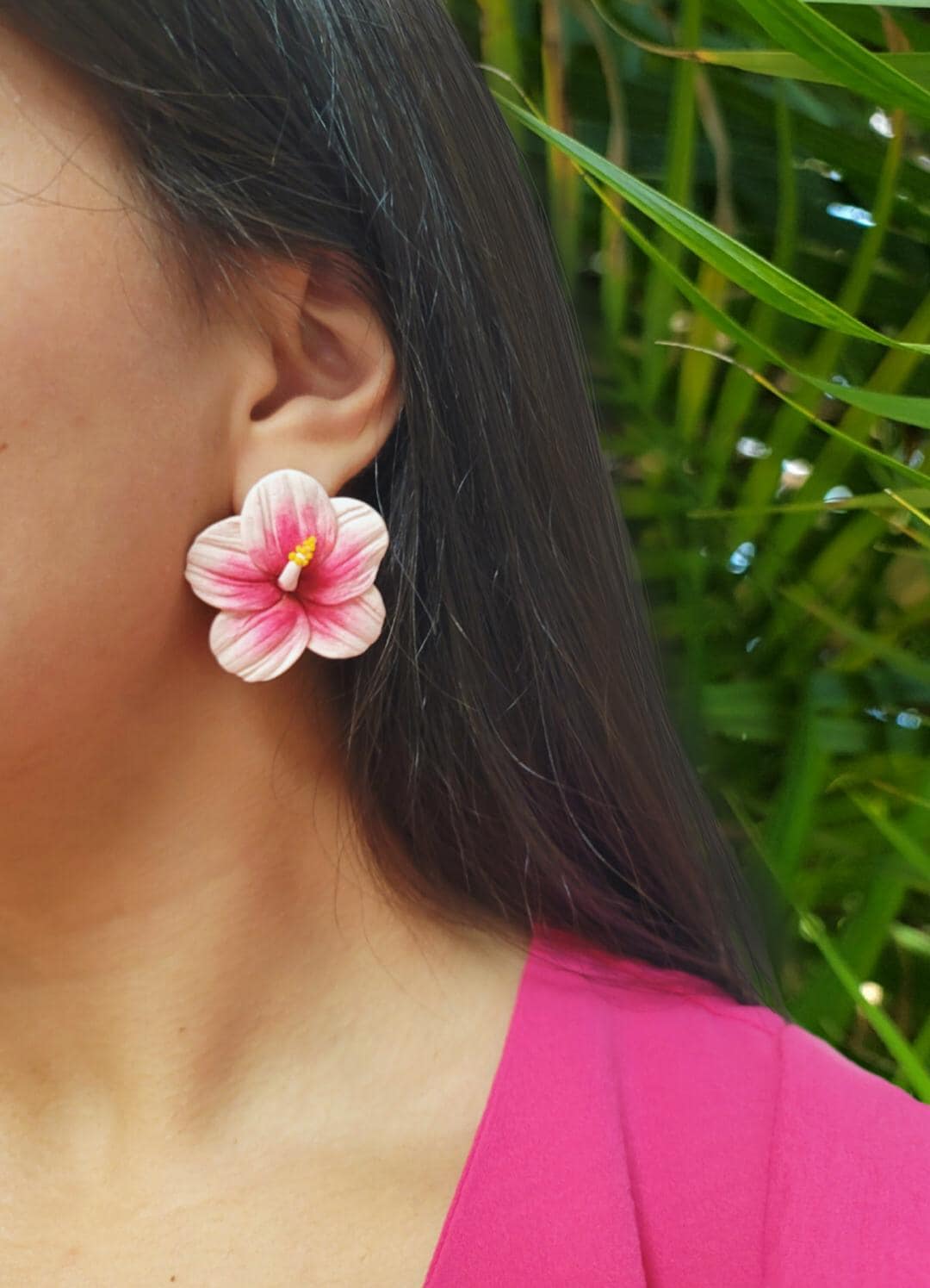 Light Pink Hibiscus Polymer Clay Stud Earrings