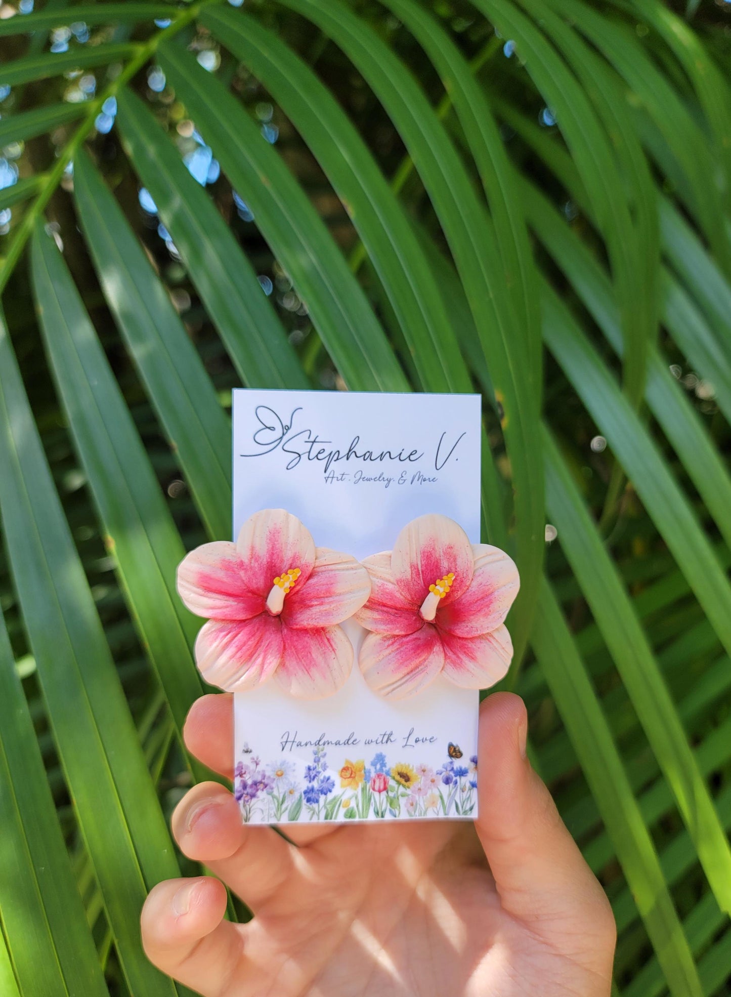 Light Pink Hibiscus Polymer Clay Stud Earrings