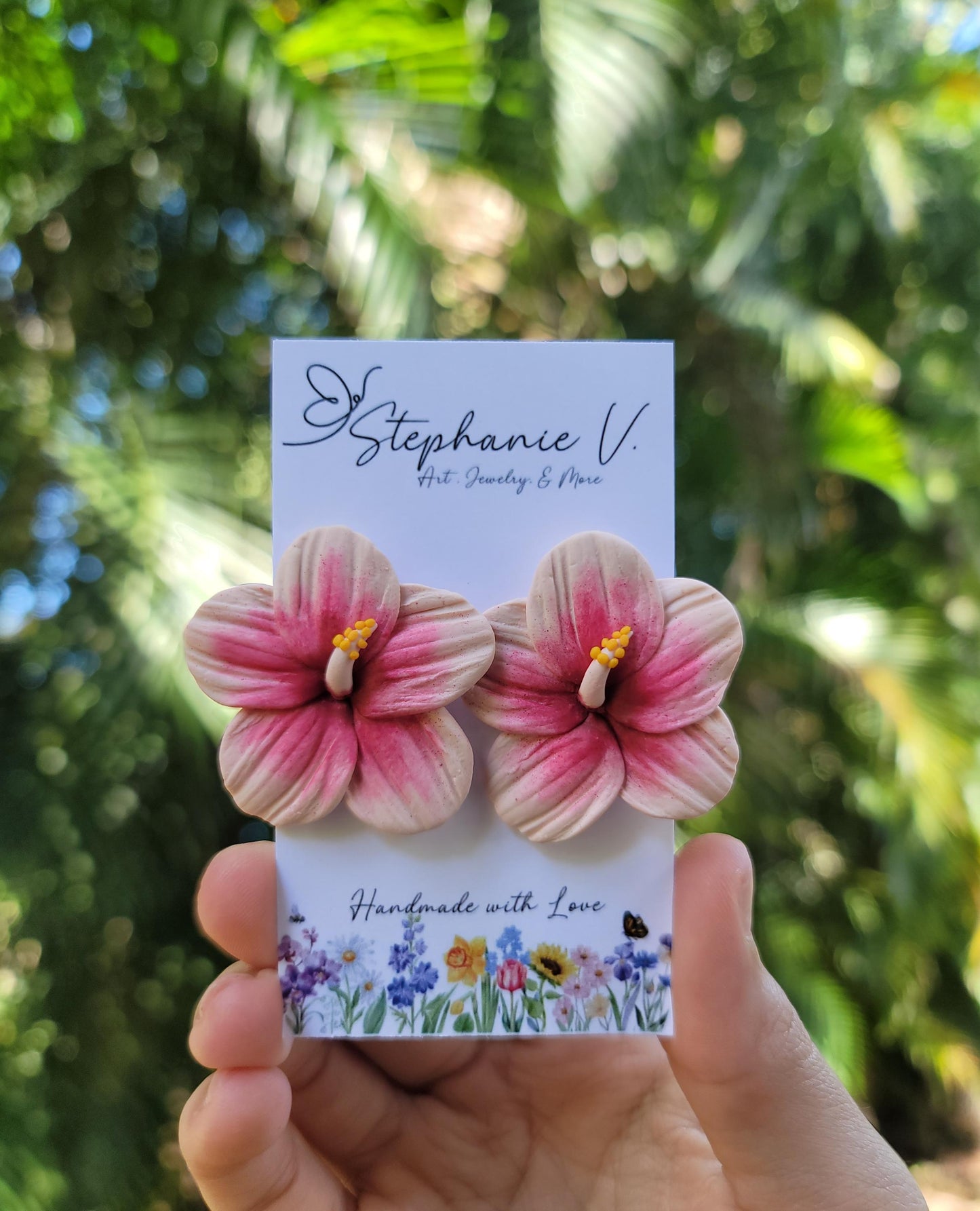 Light Pink Hibiscus Polymer Clay Stud Earrings