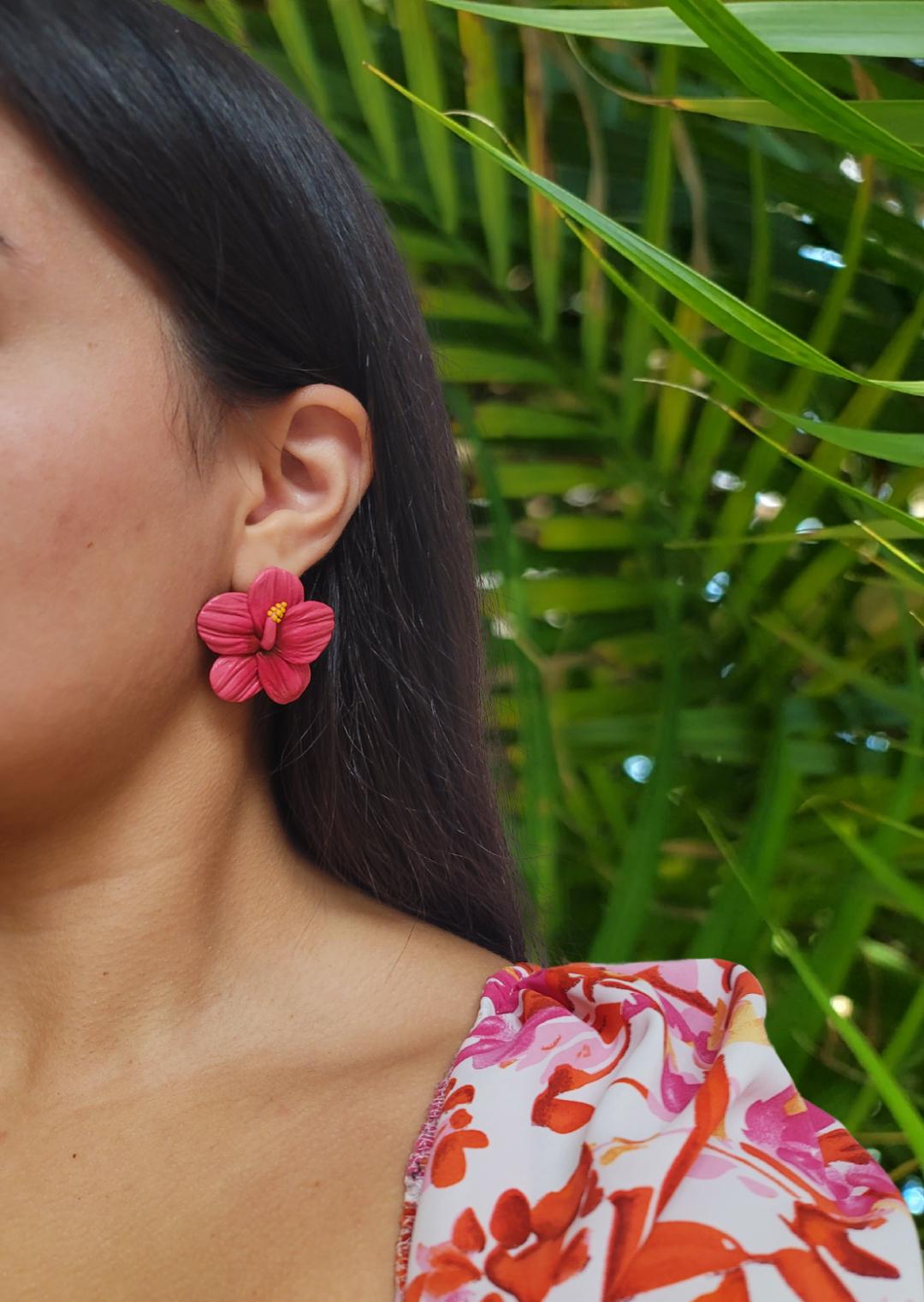 Hot Pink Hibiscus Polymer Clay Stud Earrings
