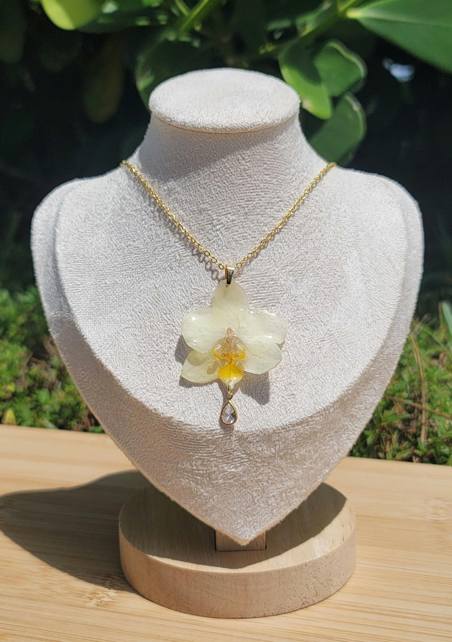 Real Preserved Pale Yellow Mini Orchid 18k Gold Plated Necklace