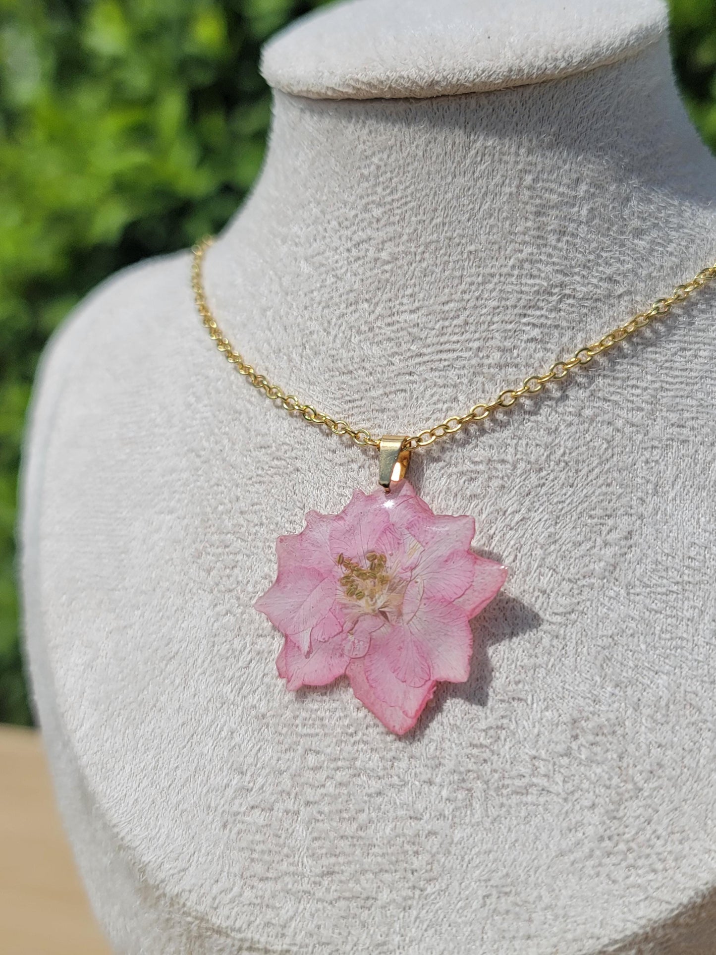 Real Pink Larkspur Flower Necklace