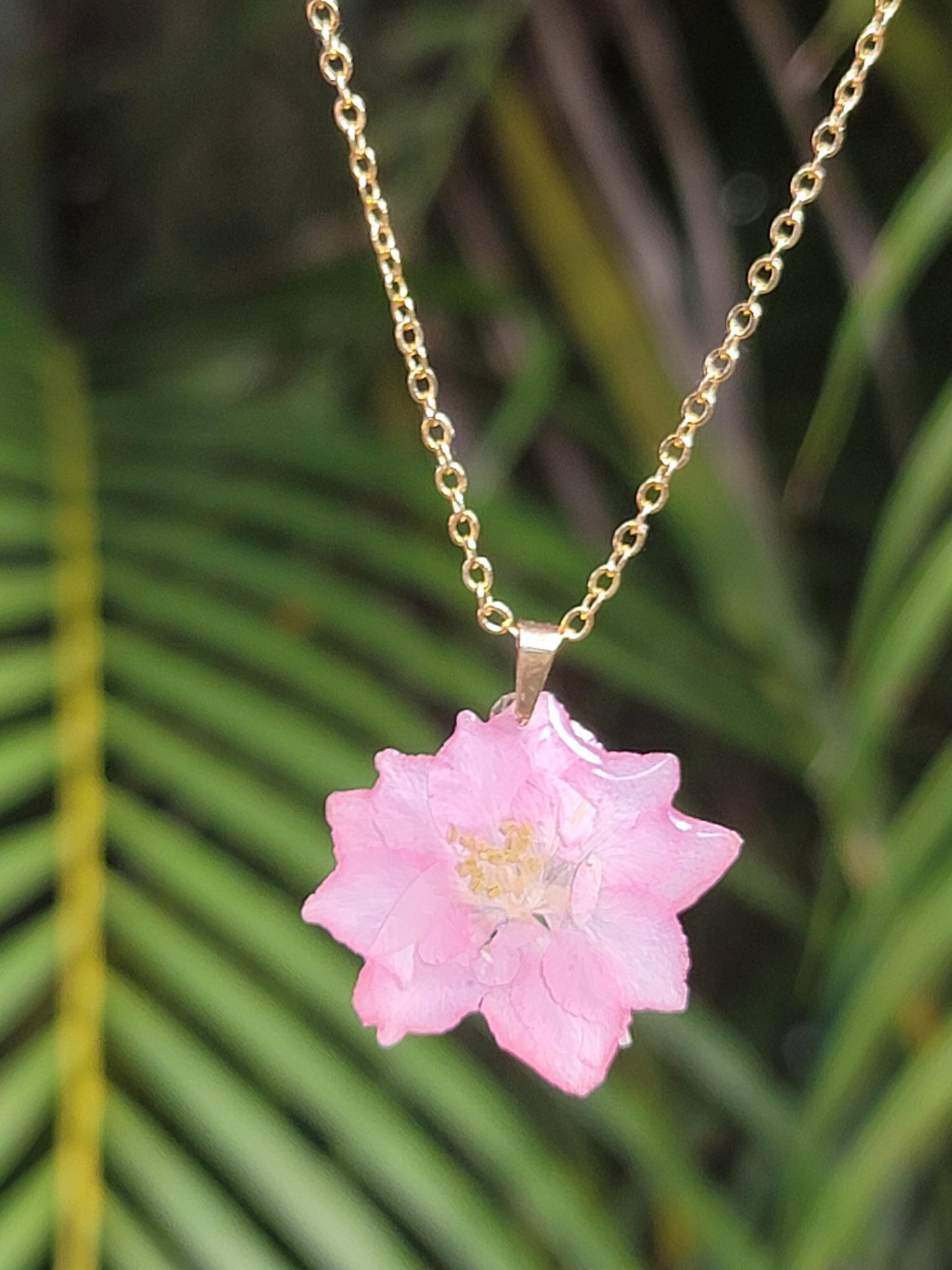 Real Pink Larkspur Flower Necklace