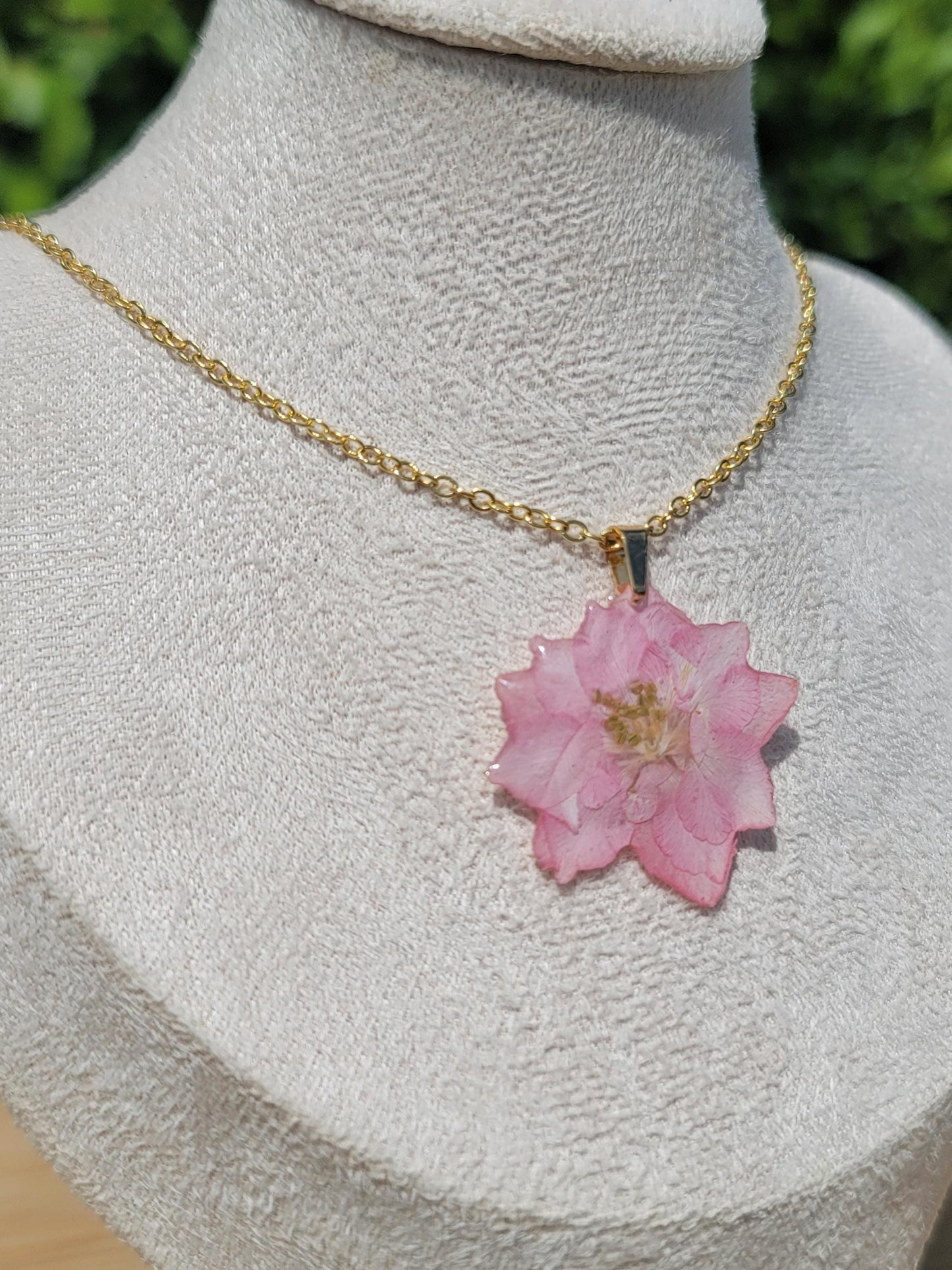 Real Pink Larkspur Flower Necklace