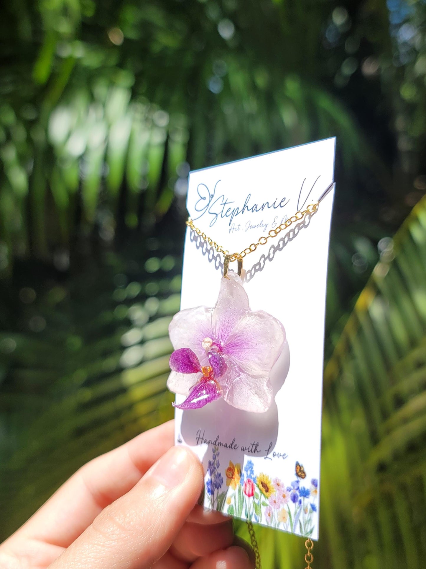 Real Preserved White Purple Mini Orchid Flower Necklace