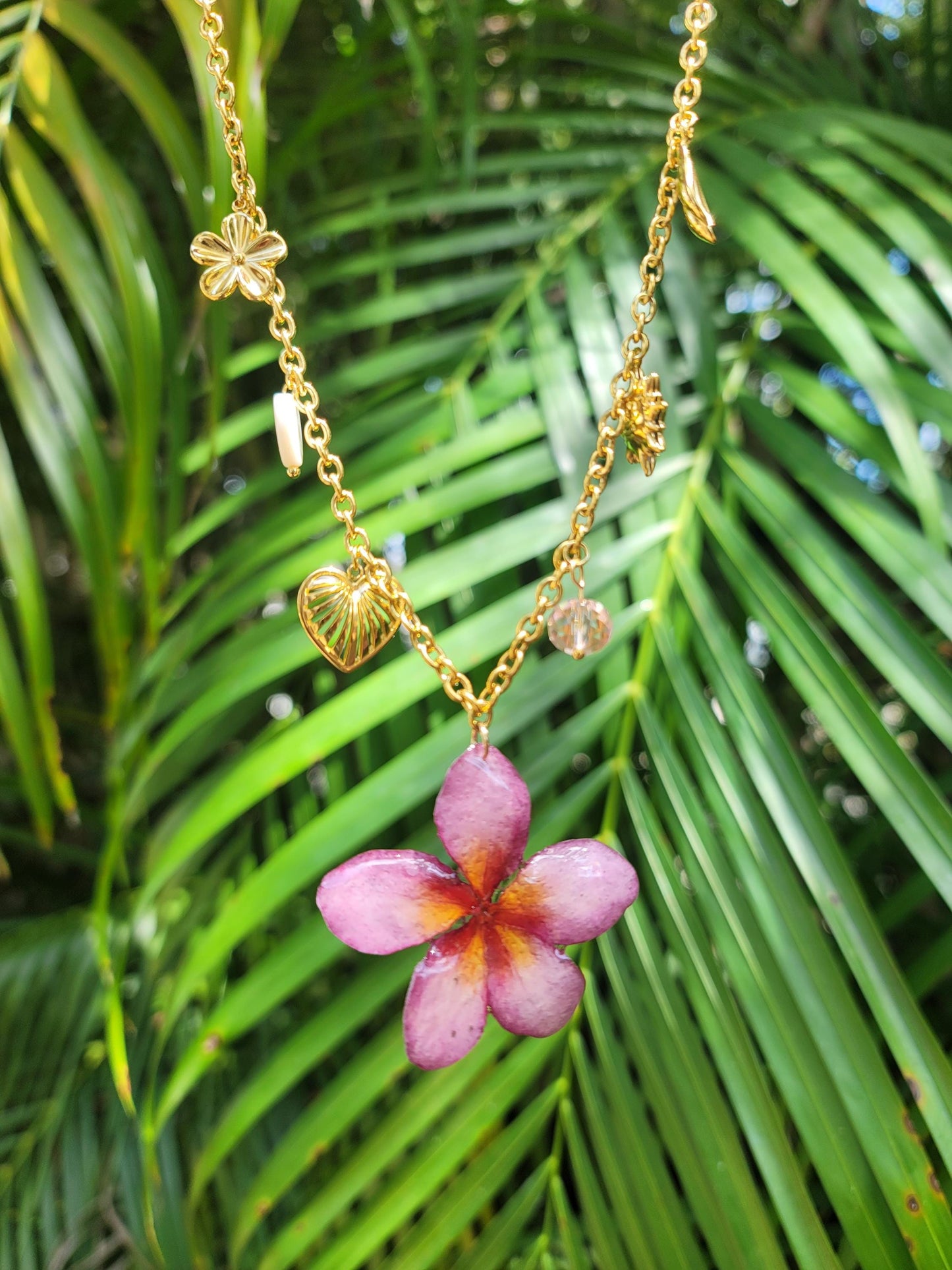 Pink Plumeria Gold Plated Stainless Steel Charm Necklace