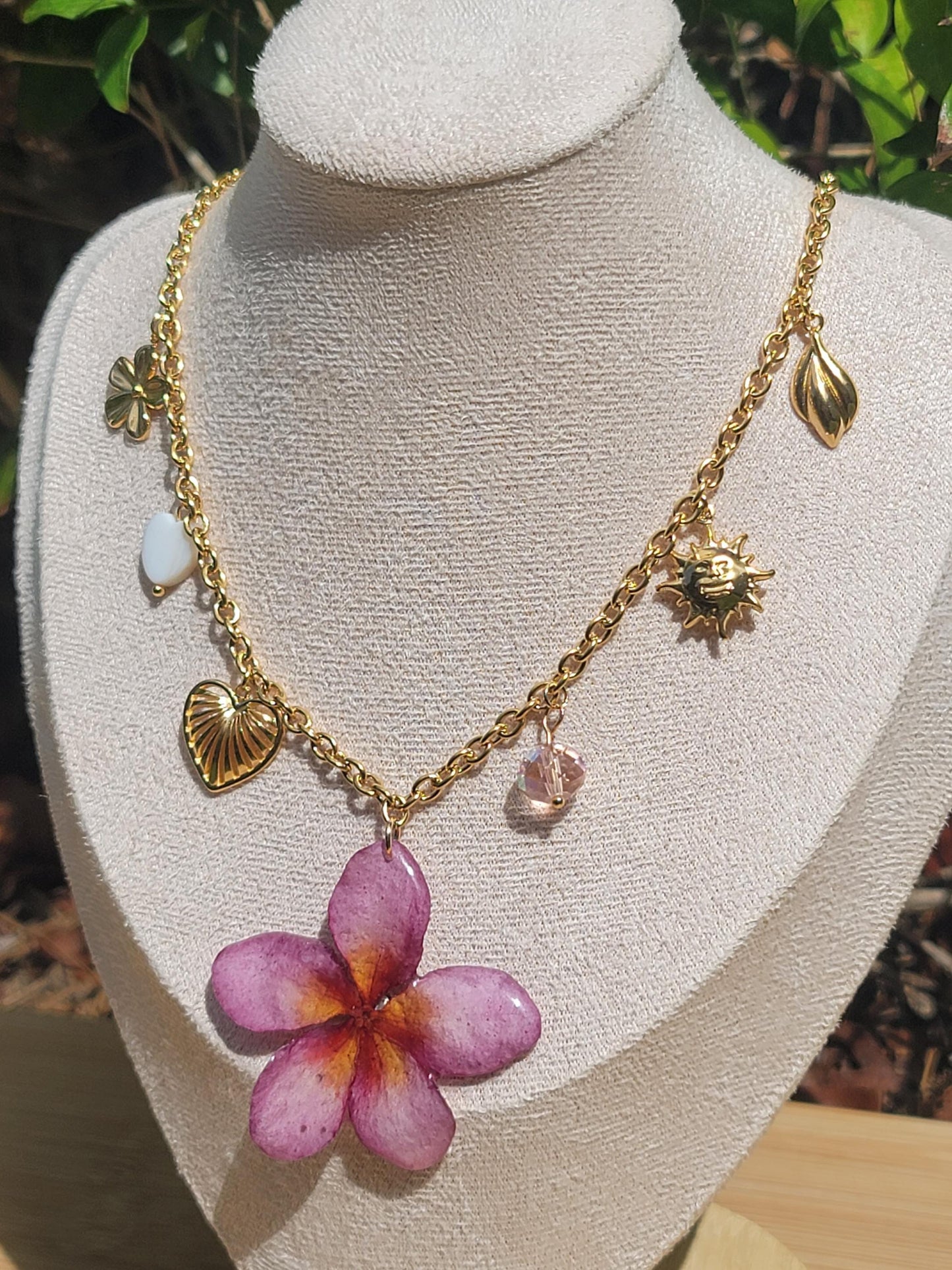 Pink Plumeria Gold Plated Stainless Steel Charm Necklace