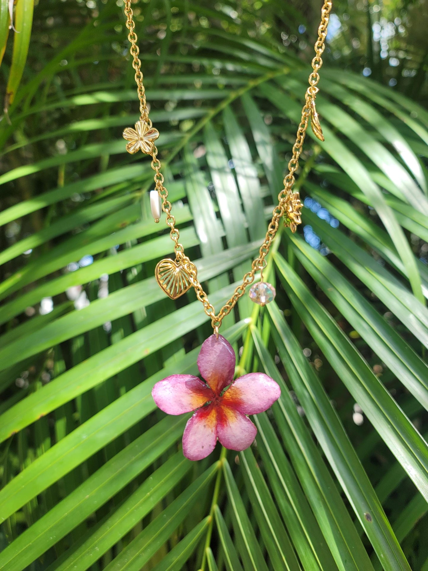 Pink Plumeria Gold Plated Stainless Steel Charm Necklace