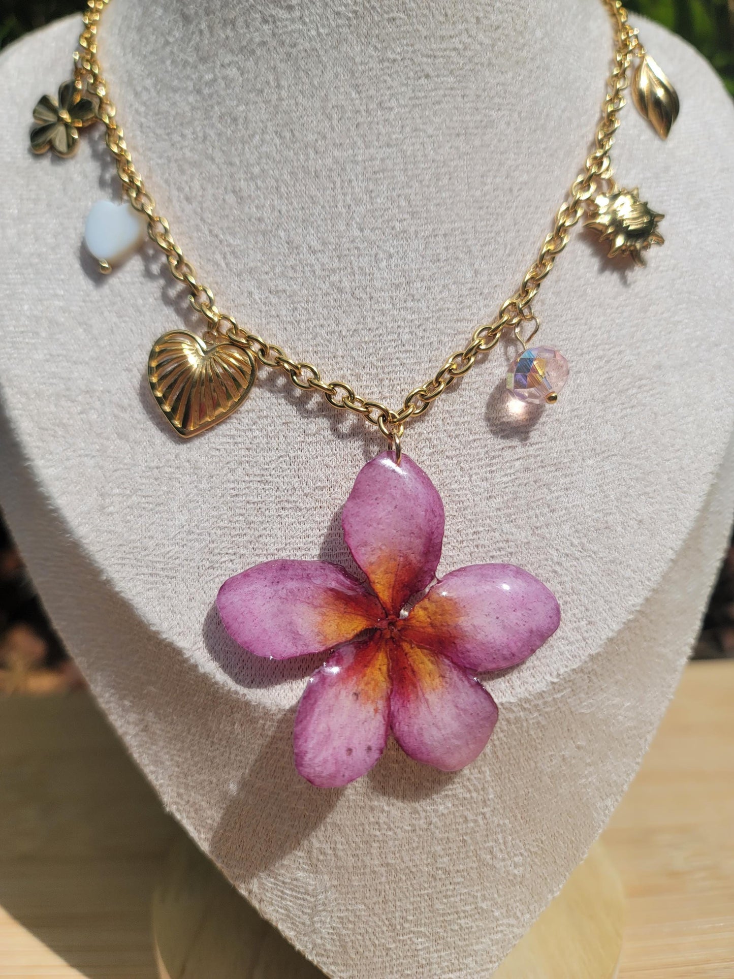 Pink Plumeria Gold Plated Stainless Steel Charm Necklace