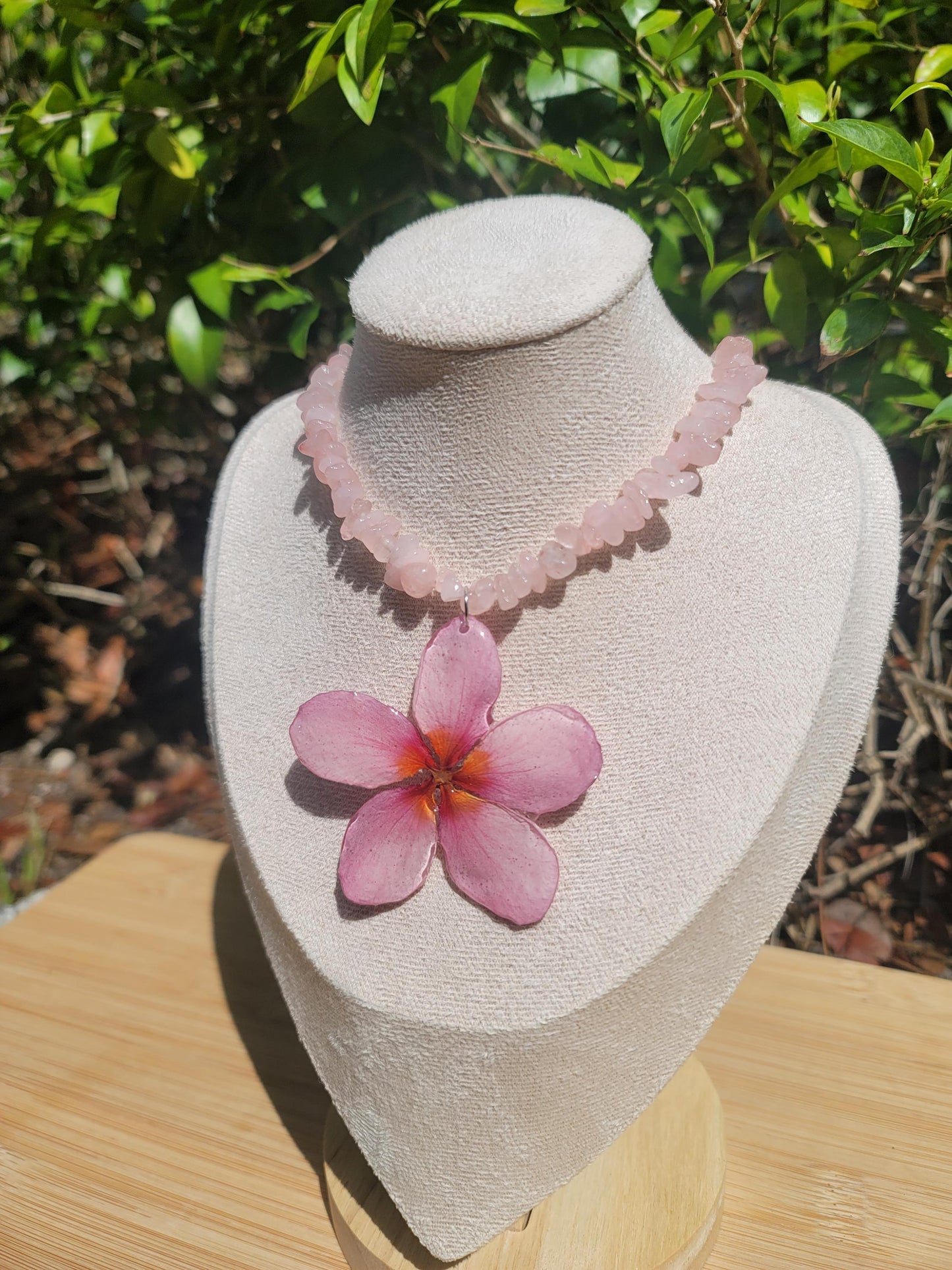 Pink Real Plumeria Flower Rose Quartz Beaded Necklace