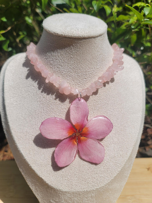 Pink Real Plumeria Flower Rose Quartz Beaded Necklace