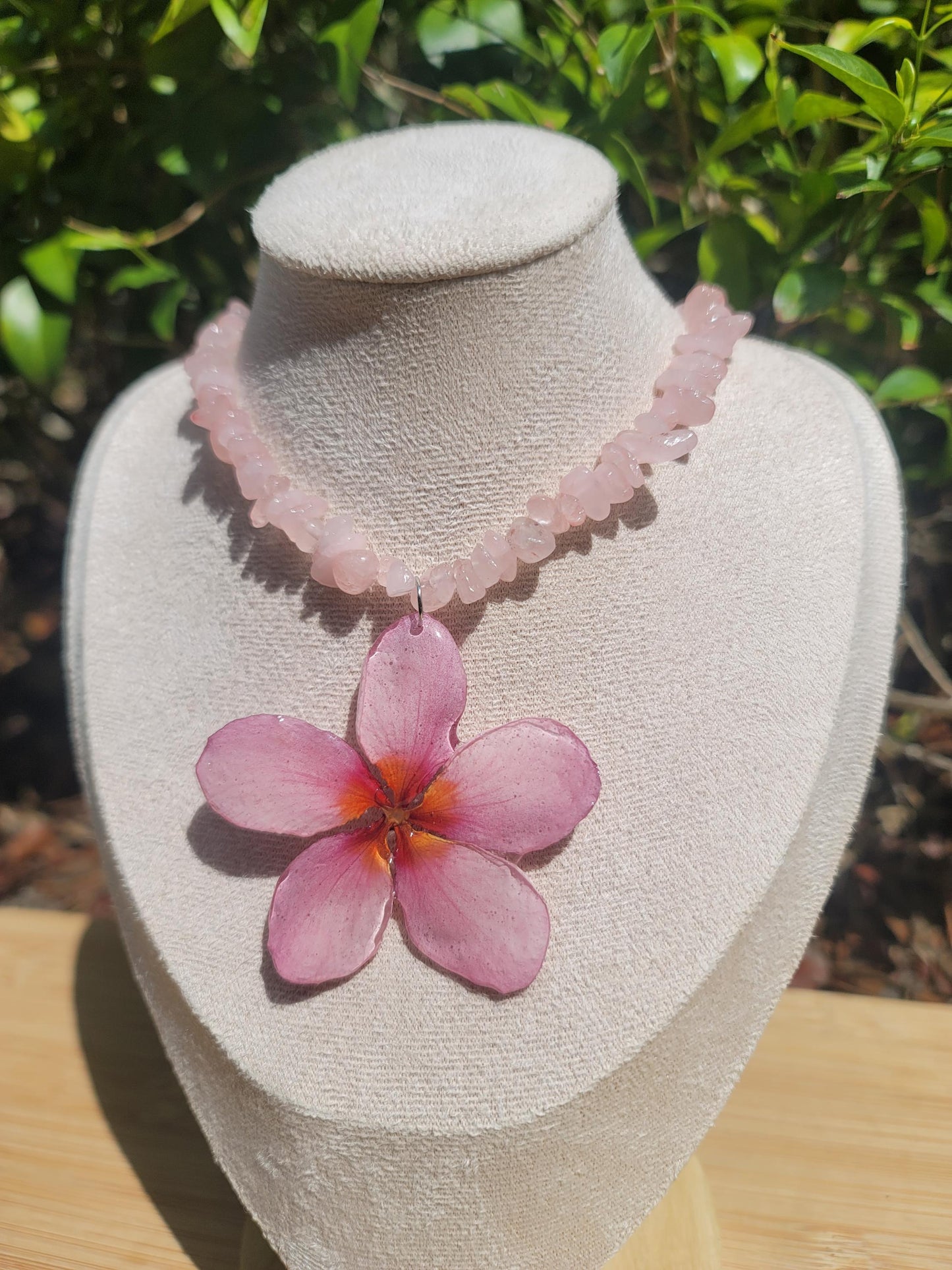 Pink Real Plumeria Flower Rose Quartz Beaded Necklace