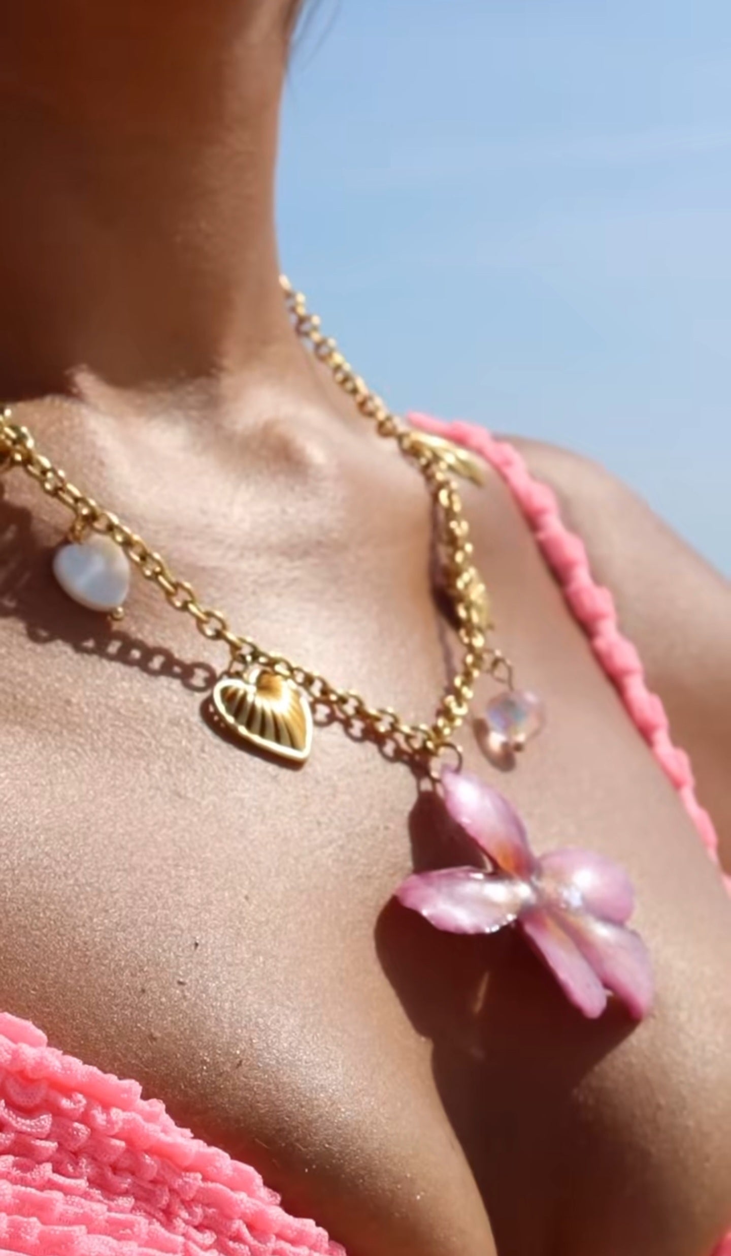Pink Plumeria Gold Plated Stainless Steel Charm Necklace