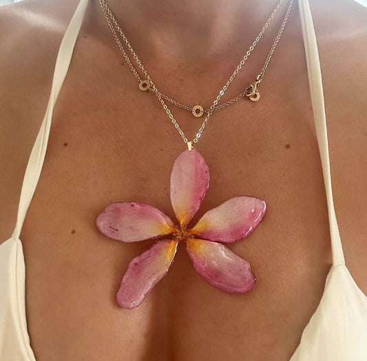 Light Pink-Yellow Real Plumeria Flower Necklace