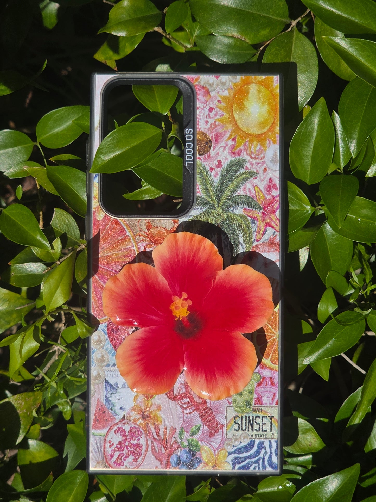 Orange red Hibiscus flower phone grip