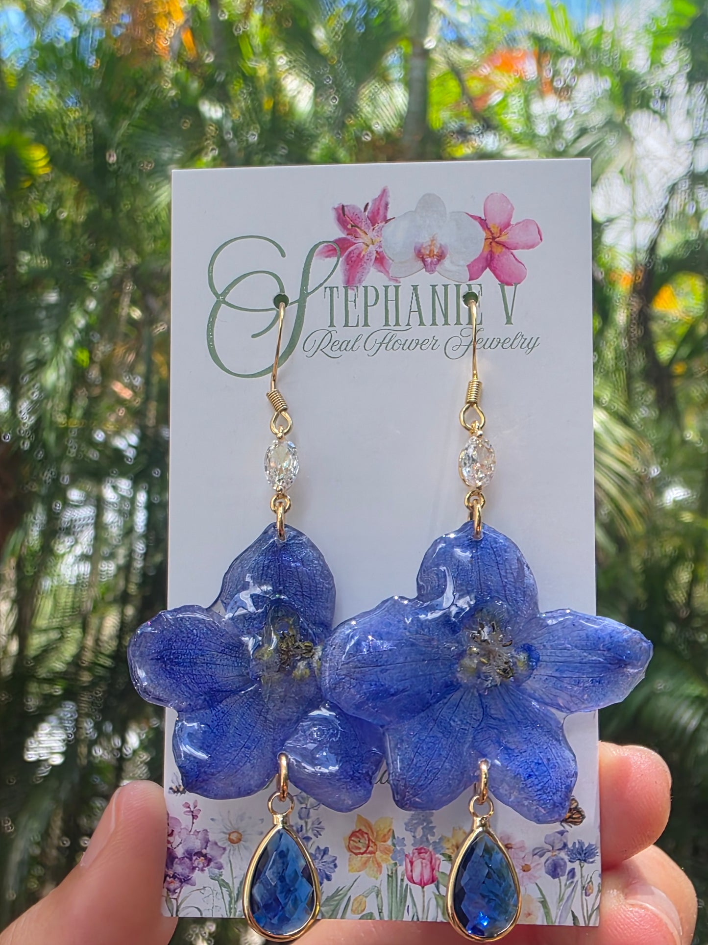 Blue Delphinium flower 18k Gold Plated Earrings