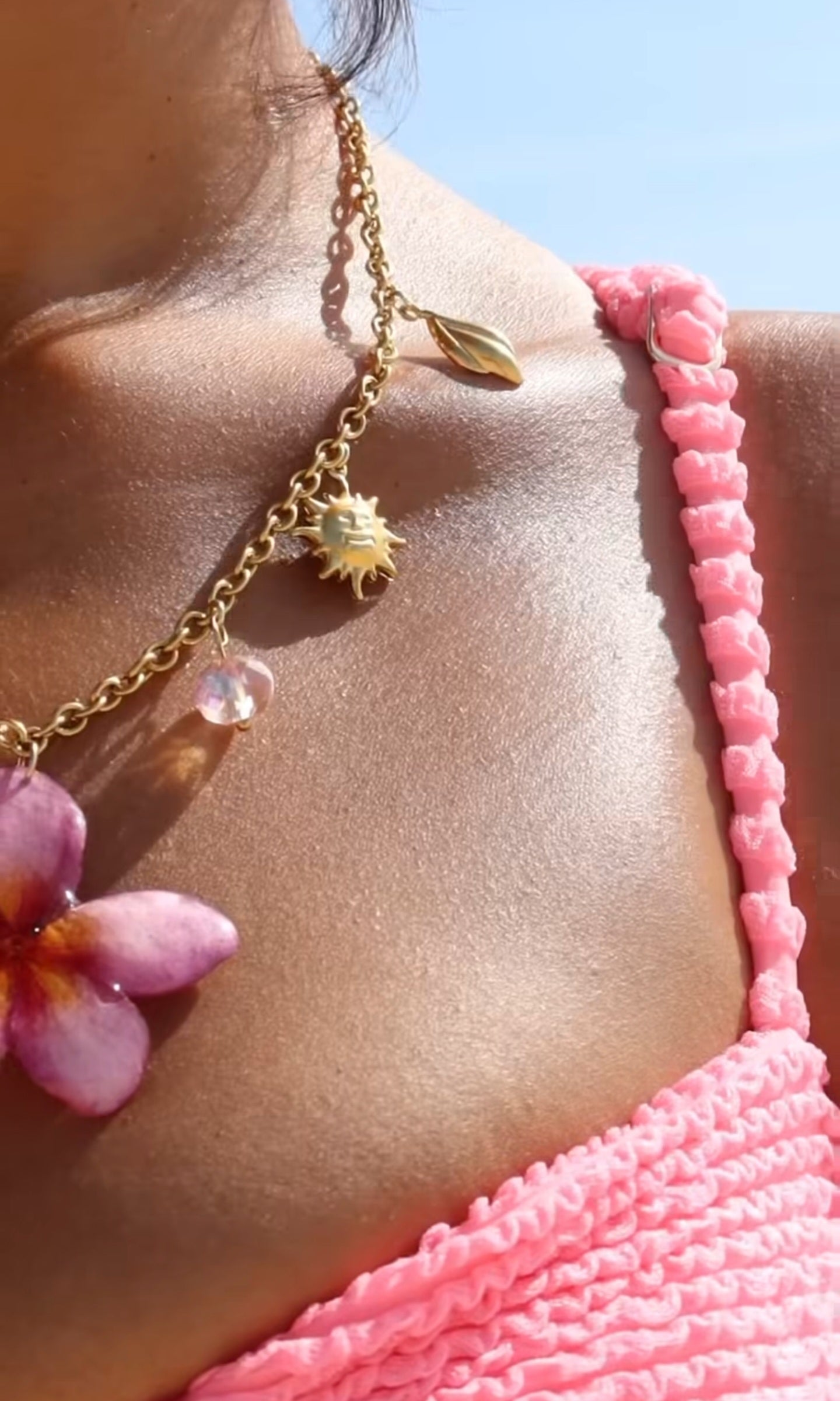 Pink Plumeria Gold Plated Stainless Steel Charm Necklace