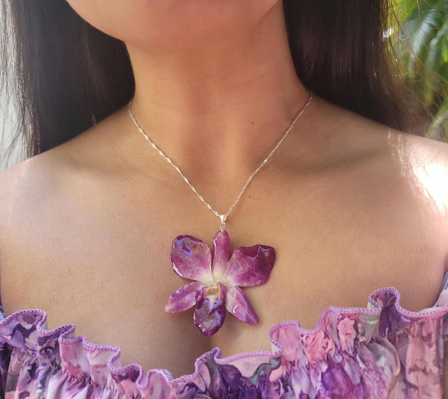 Purple-white Real Orchid Flower Necklace