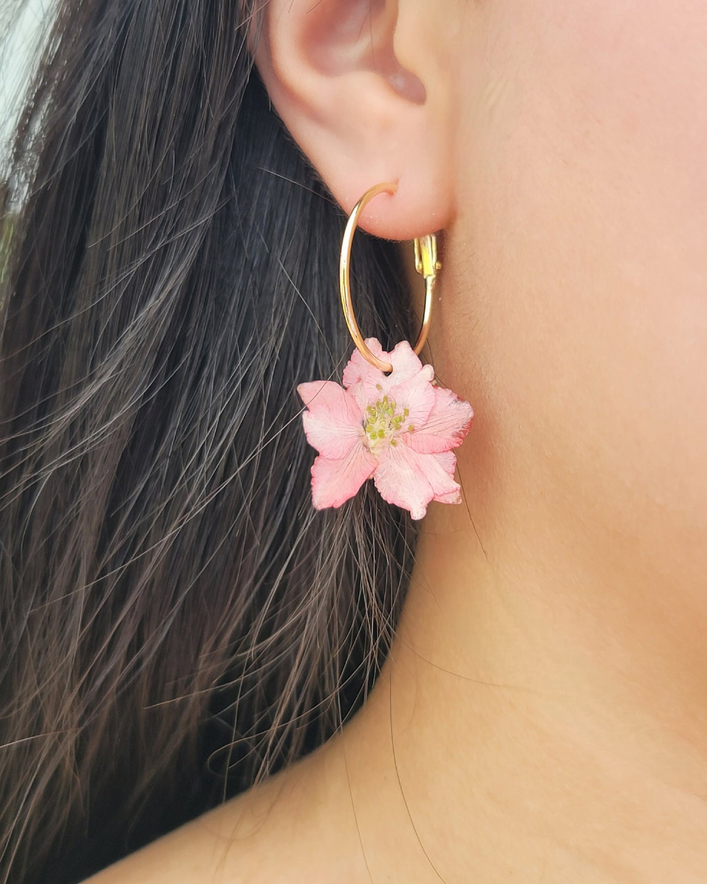 Real Pink Larkspur Flower Small Hoop 18k Gold Plated Earrings