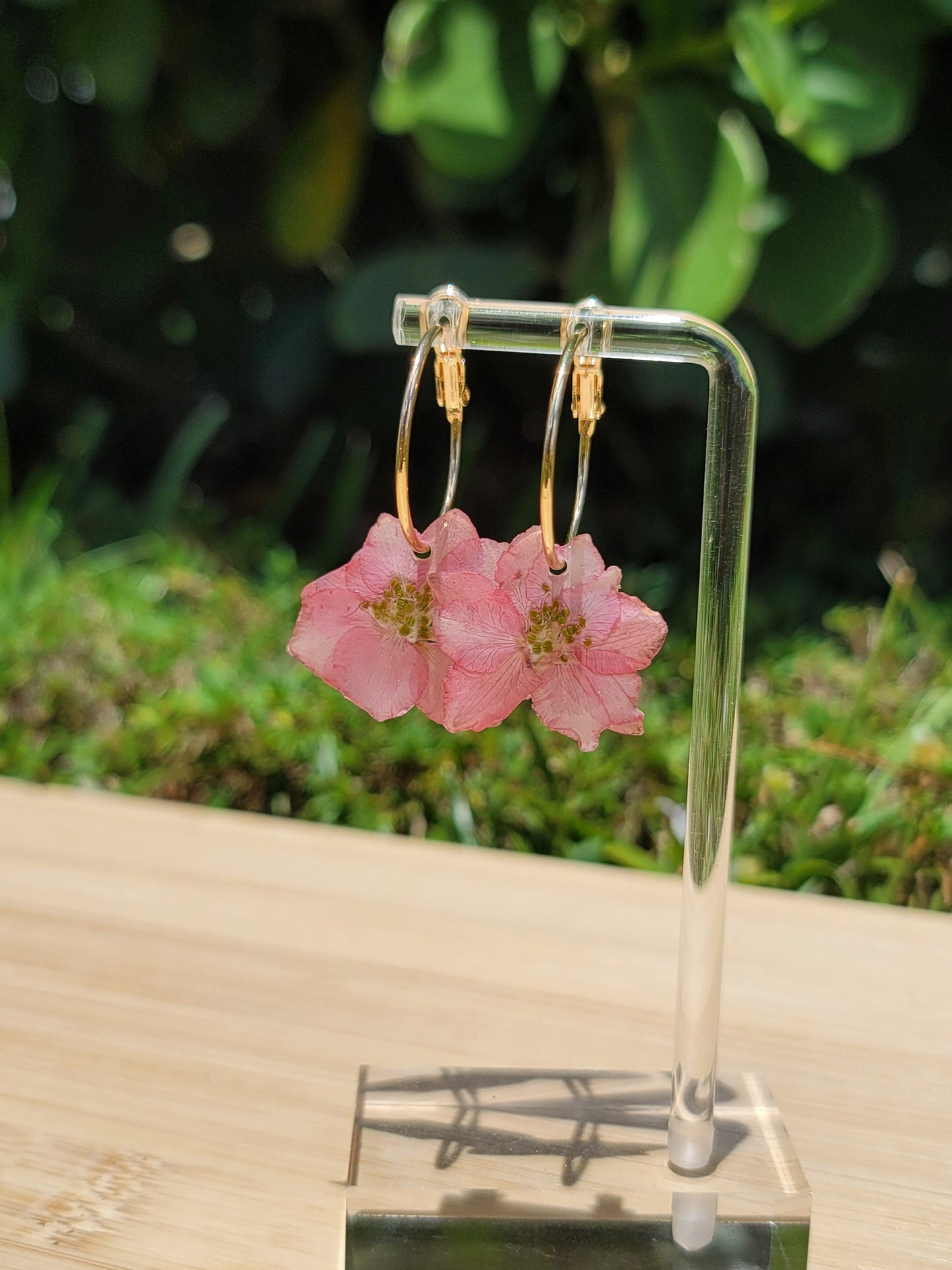 Real Pink Larkspur Flower Small Hoop 18k Gold Plated Earrings