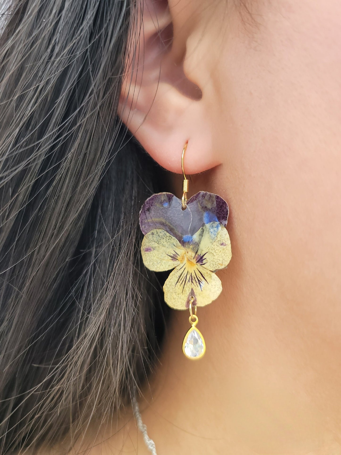 Pansy Real Flower 18K Gold Plated Dangling Earrings