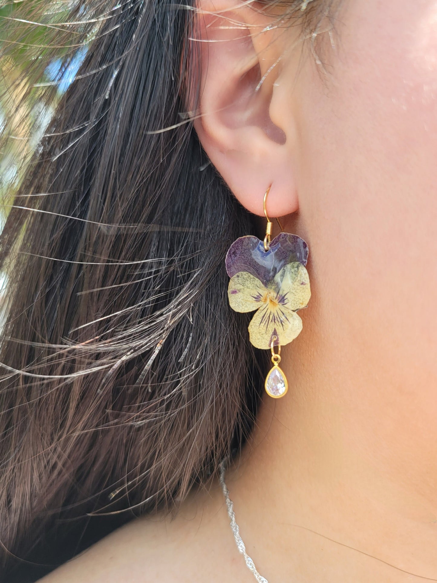 Pansy Real Flower 18K Gold Plated Dangling Earrings