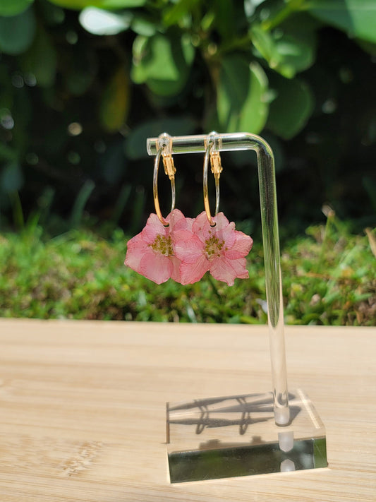 Real Pink Larkspur Flower Small Hoop 18k Gold Plated Earrings