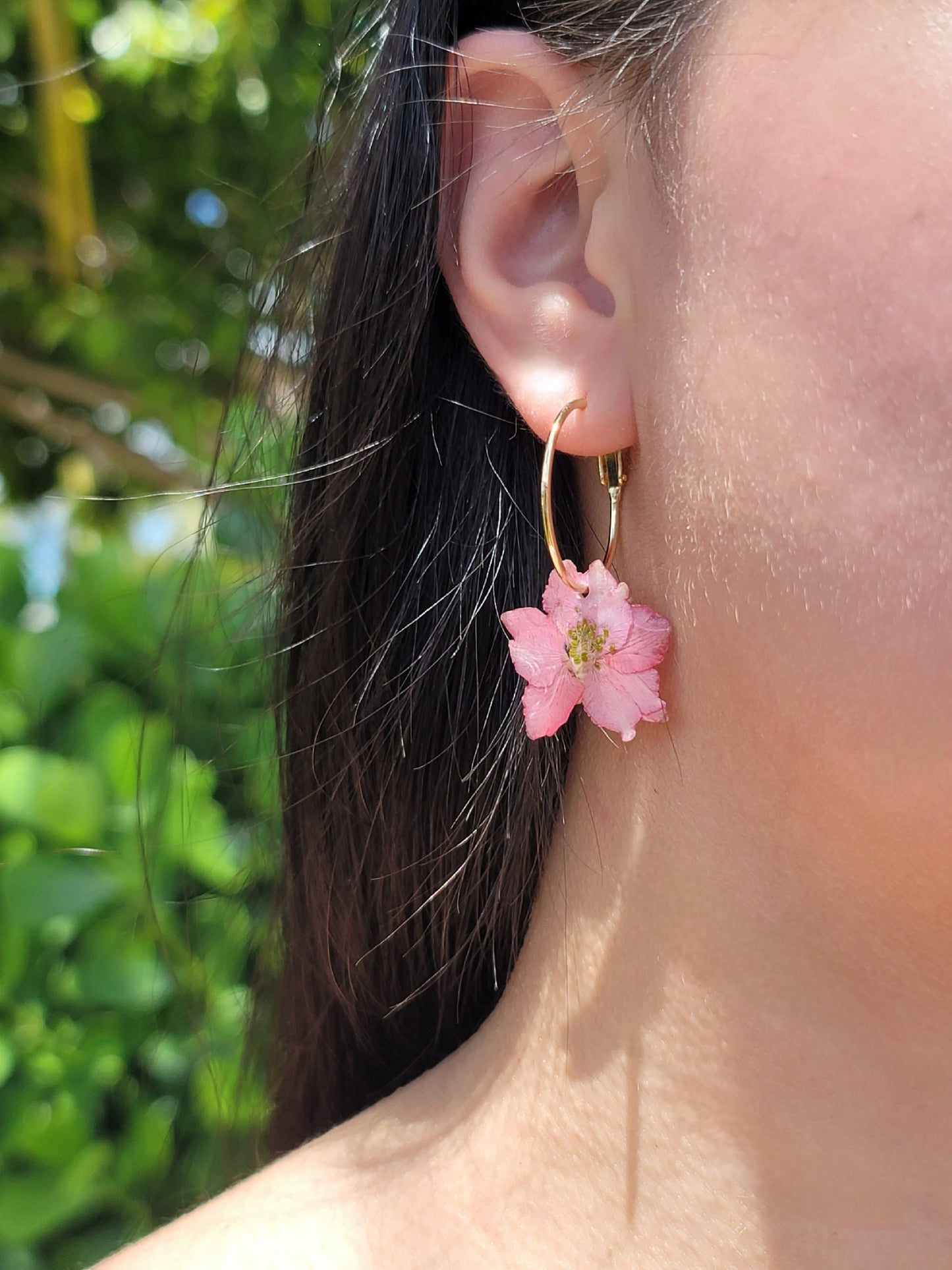 Real Pink Larkspur Flower Small Hoop 18k Gold Plated Earrings