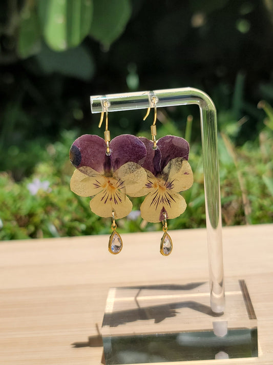 Pansy Real Flower 18K Gold Plated Dangling Earrings