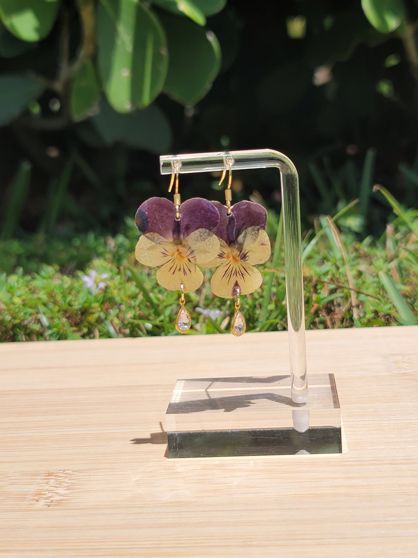 Pansy Real Flower 18K Gold Plated Dangling Earrings