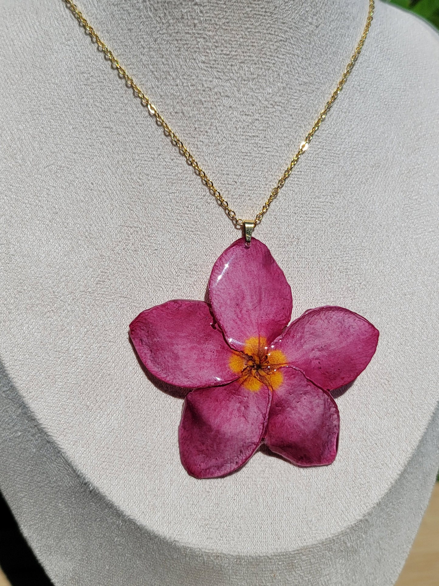 Dark Pink and Yellow Center Real Plumeria Flower Necklace