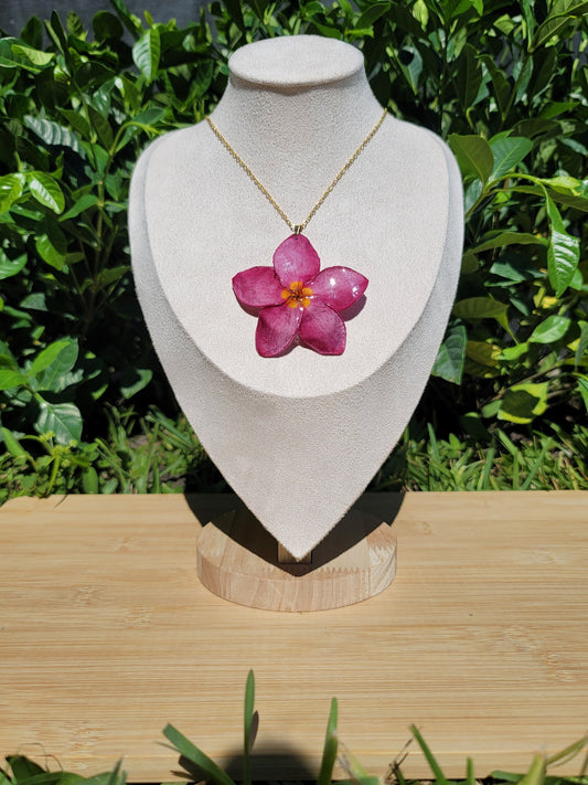 Dark Pink and Yellow Center Real Plumeria Flower Necklace