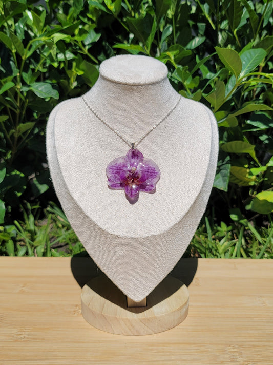Real White Purple Spotted Orchid Necklace