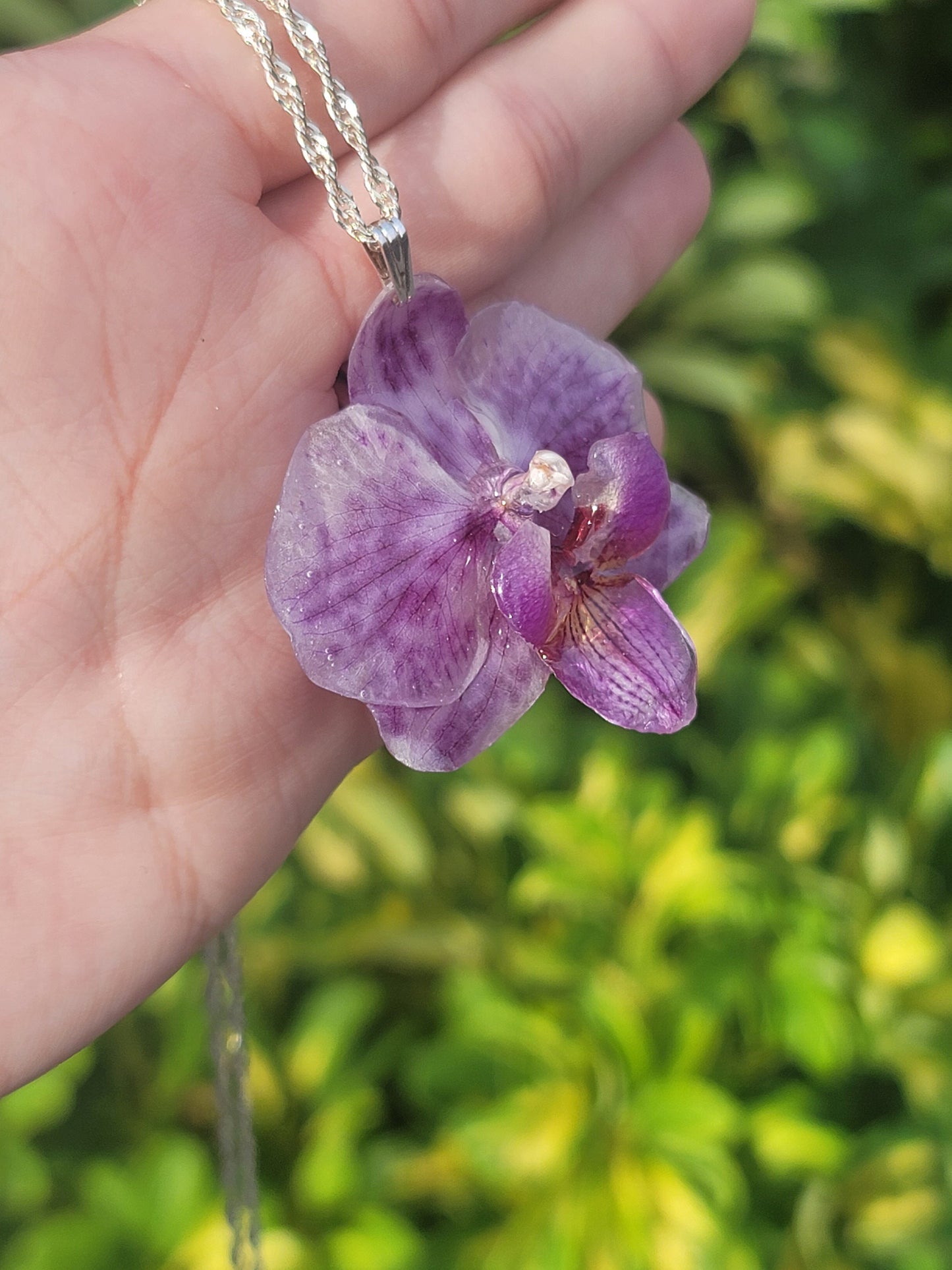 Real White Purple Spotted Orchid Necklace