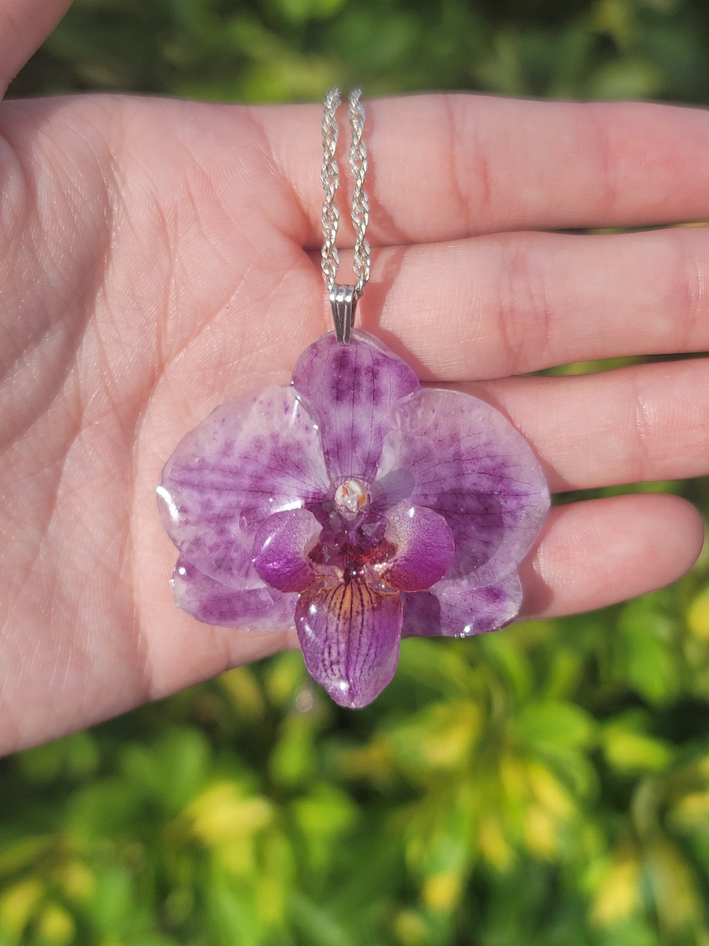 Real White Purple Spotted Orchid Necklace