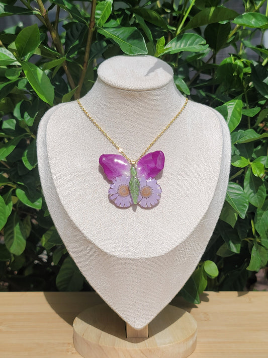 Purple Butterfly Real Flower Necklace