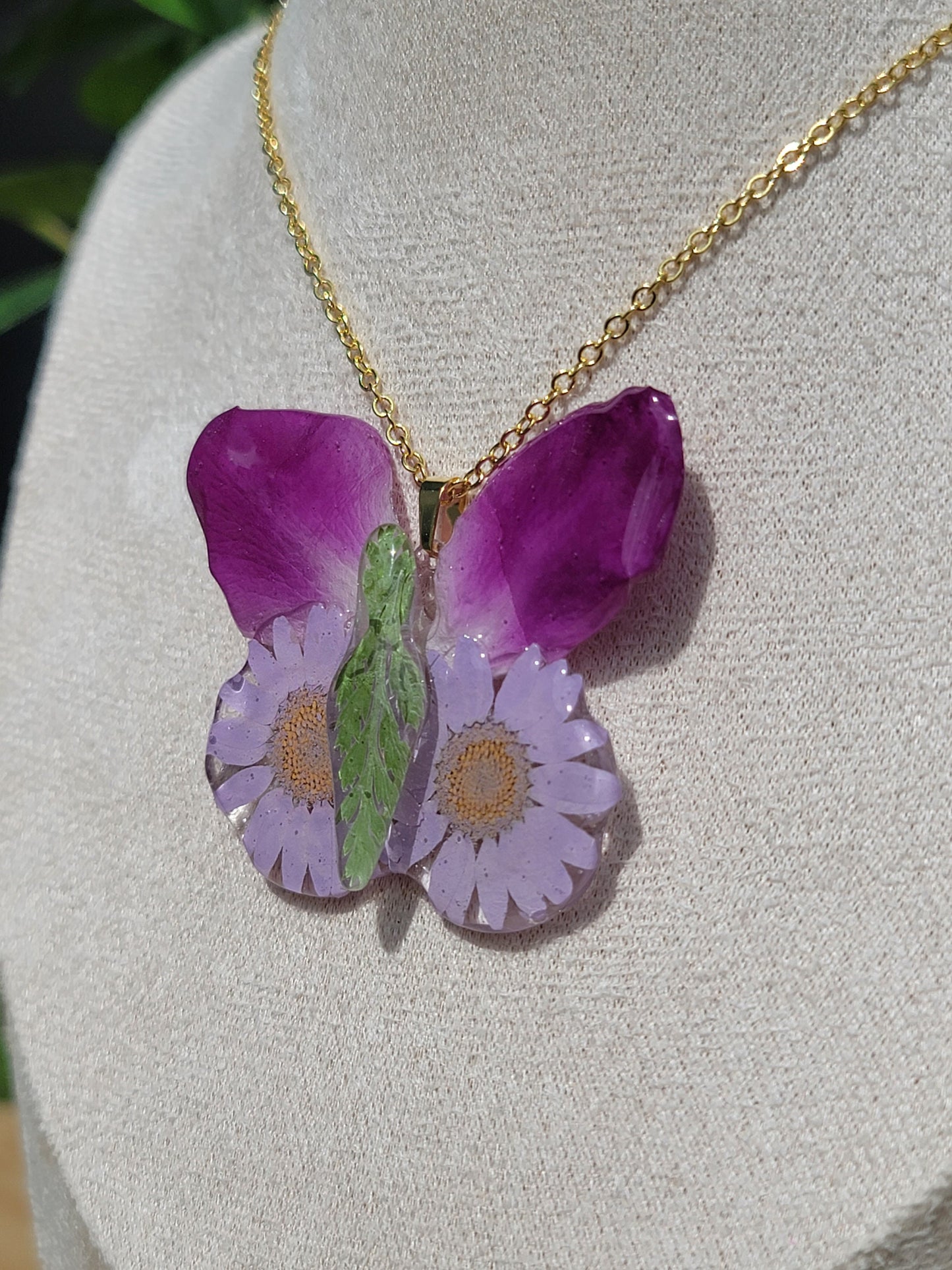 Purple Butterfly Real Flower Necklace