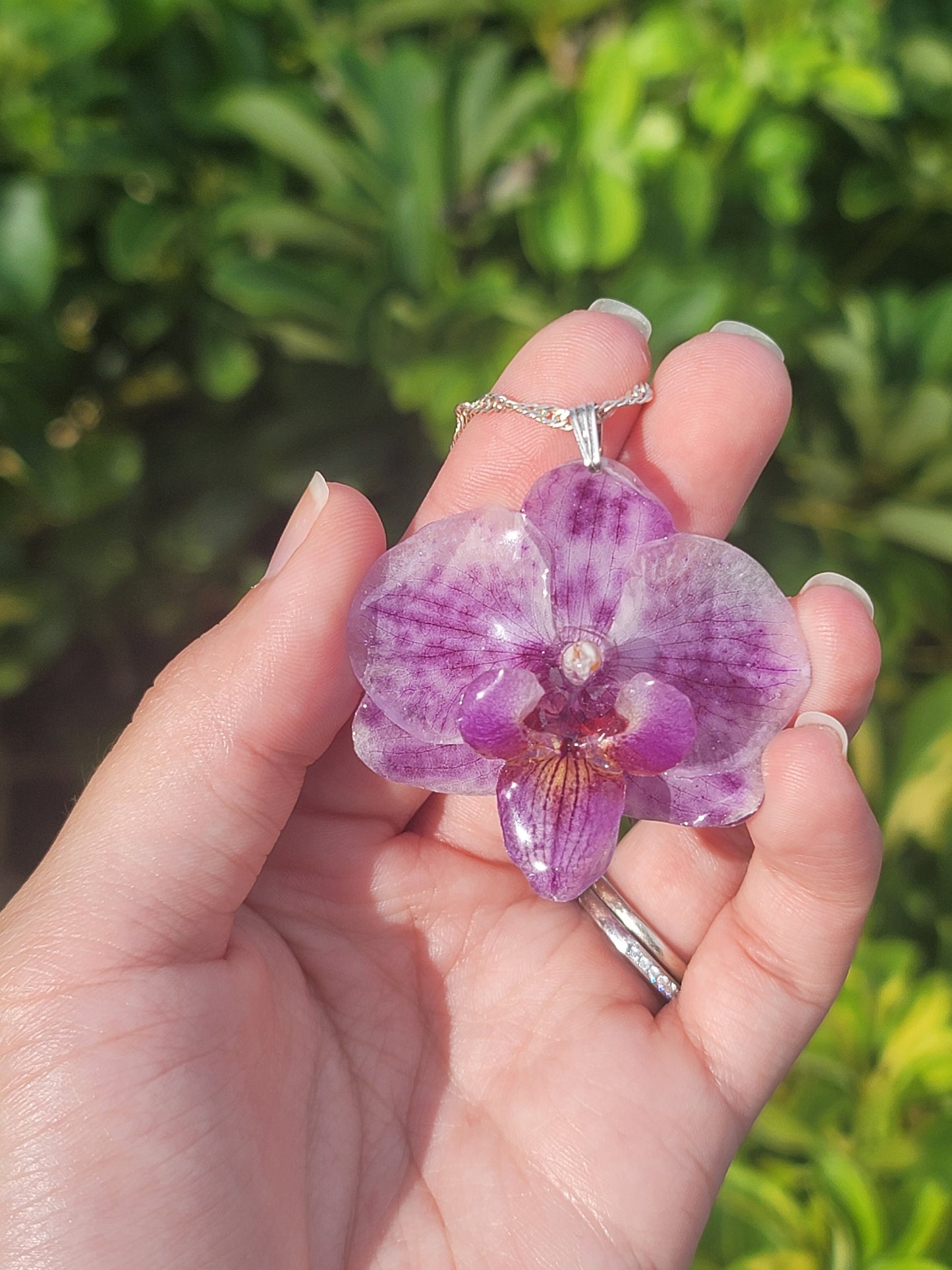 Real White Purple Spotted Orchid Necklace