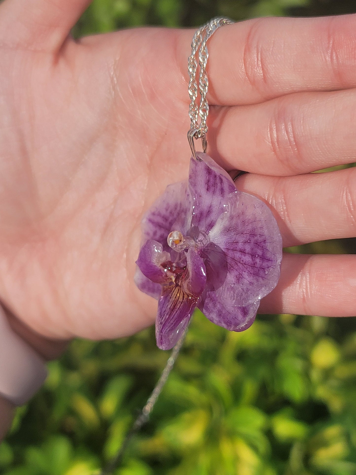 Real White Purple Spotted Orchid Necklace