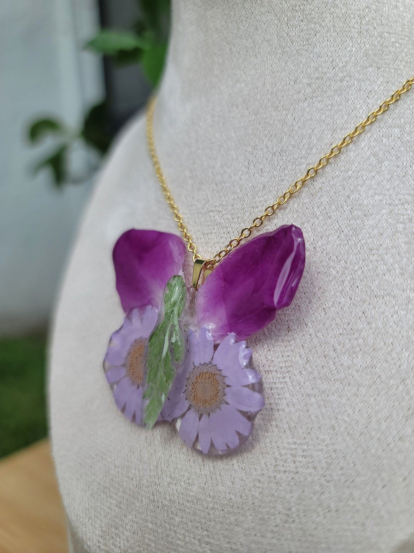 Purple Butterfly Real Flower Necklace