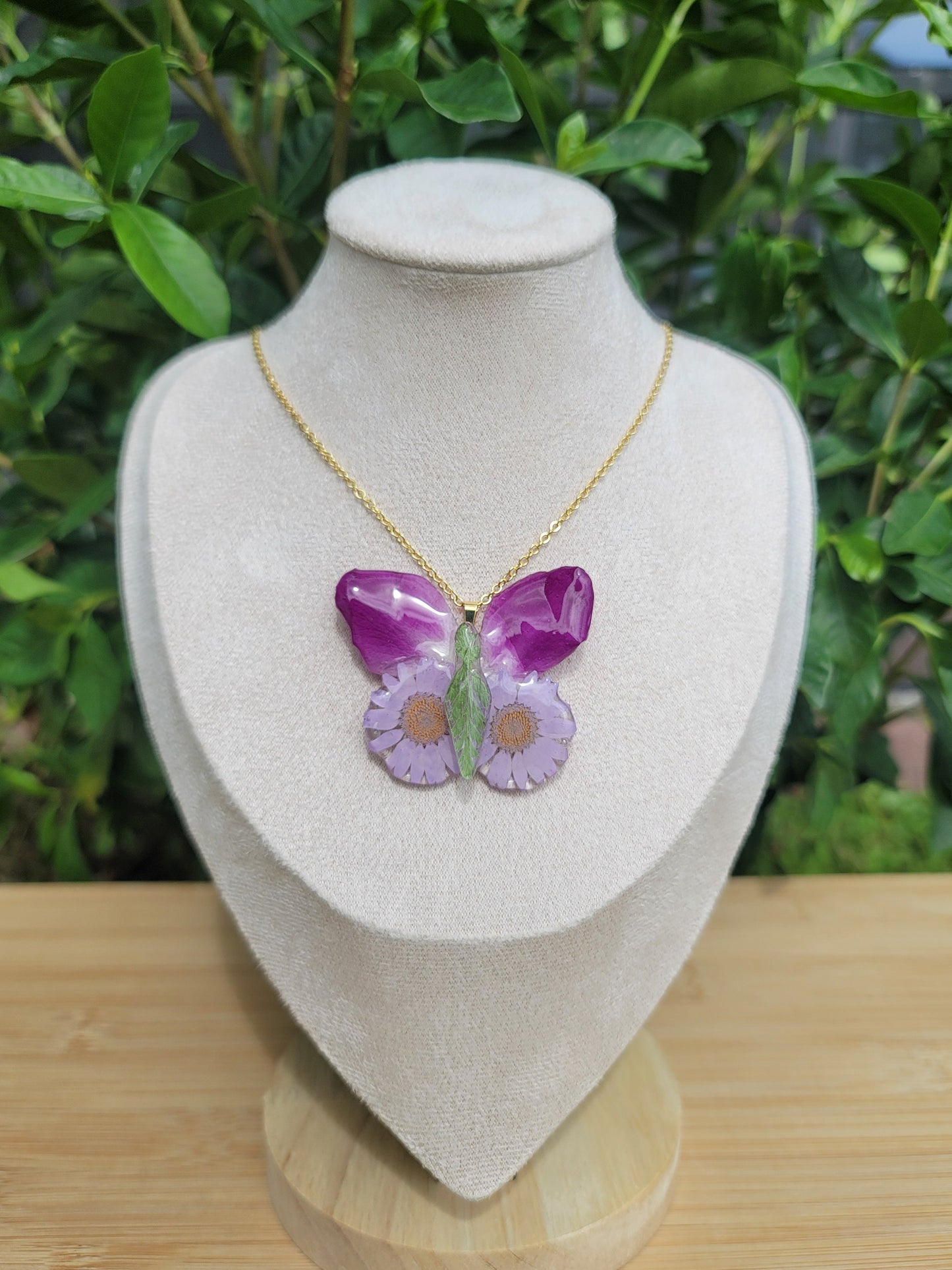 Purple Butterfly Real Flower Necklace