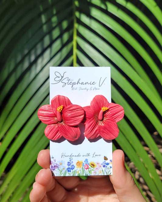 Hot Pink Hibiscus Polymer Clay Stud Earrings