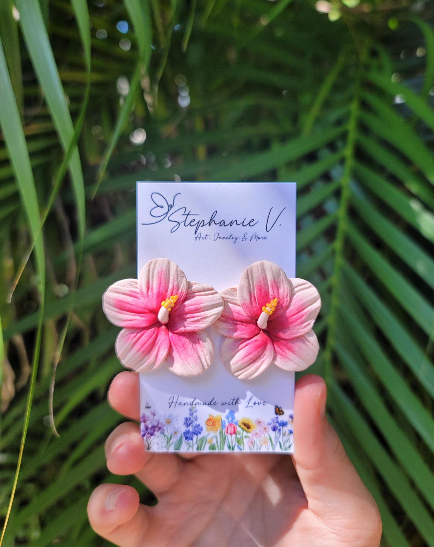 Light Pink Hibiscus Polymer Clay Stud Earrings