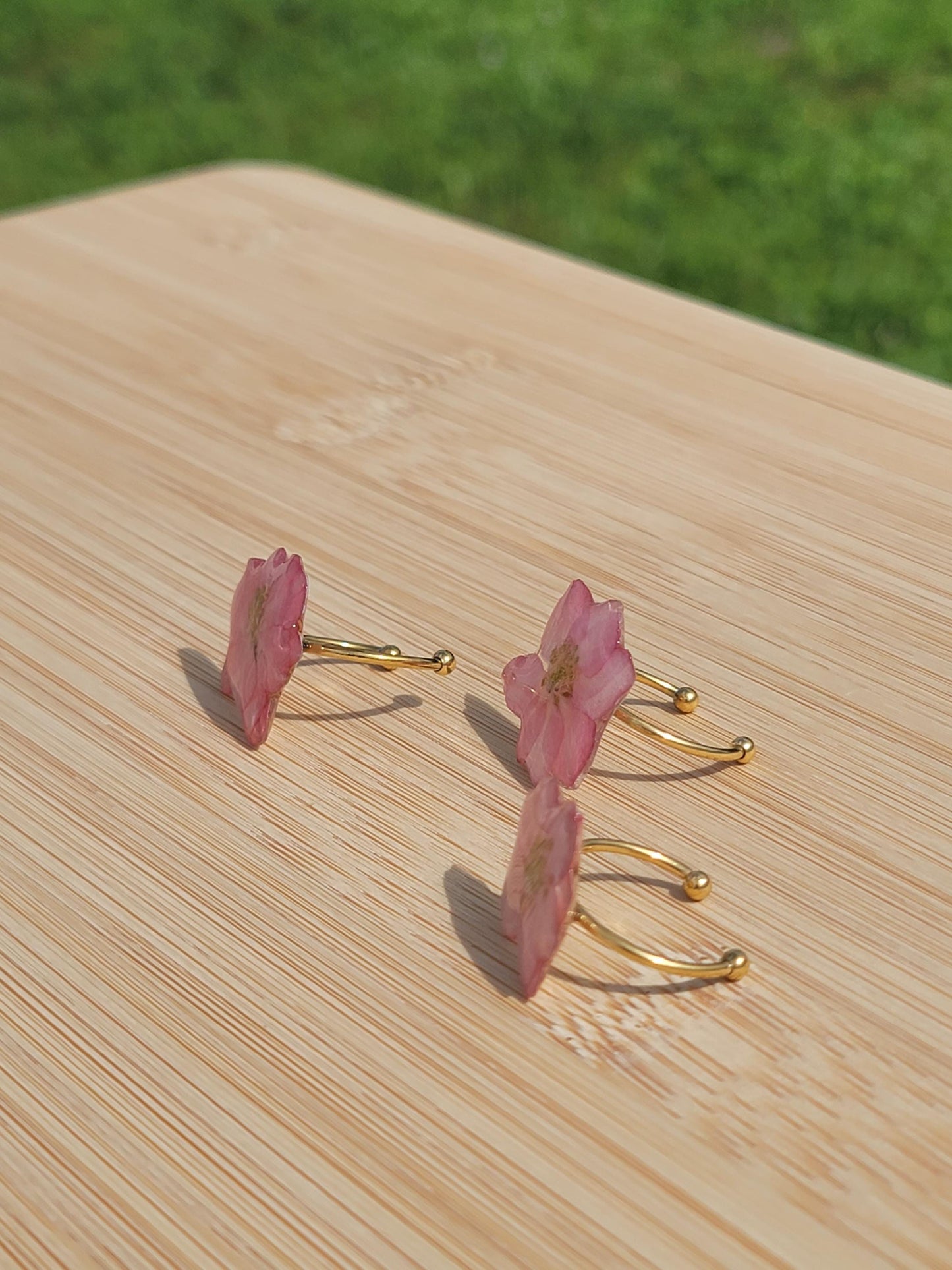 Real Pink Larkspur Flower Adjustable Ring