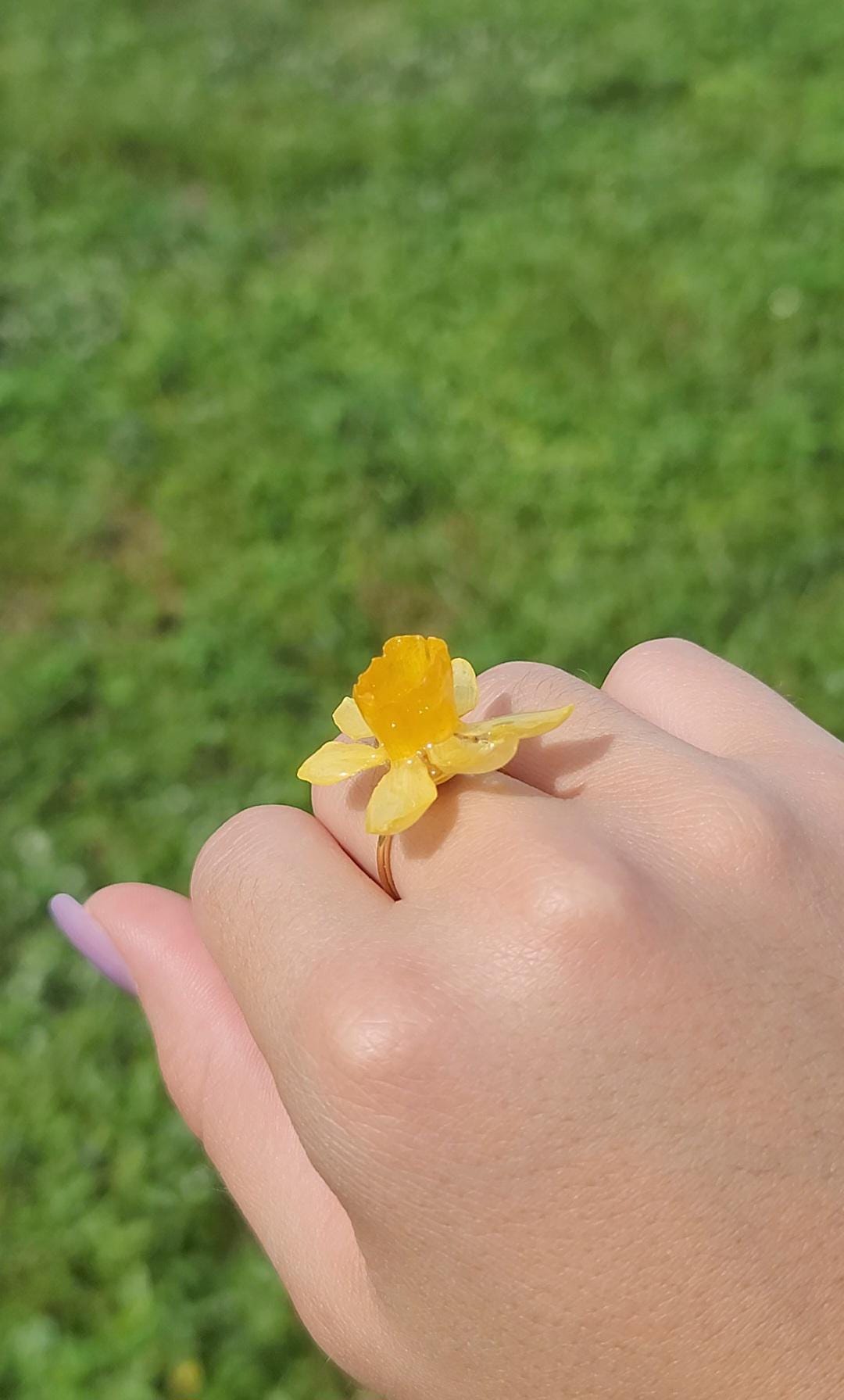 Real Daffodil Flower Adjustable Ring
