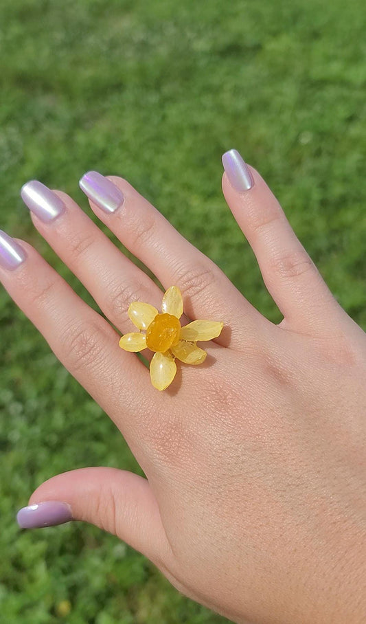Real Daffodil Flower Adjustable Ring